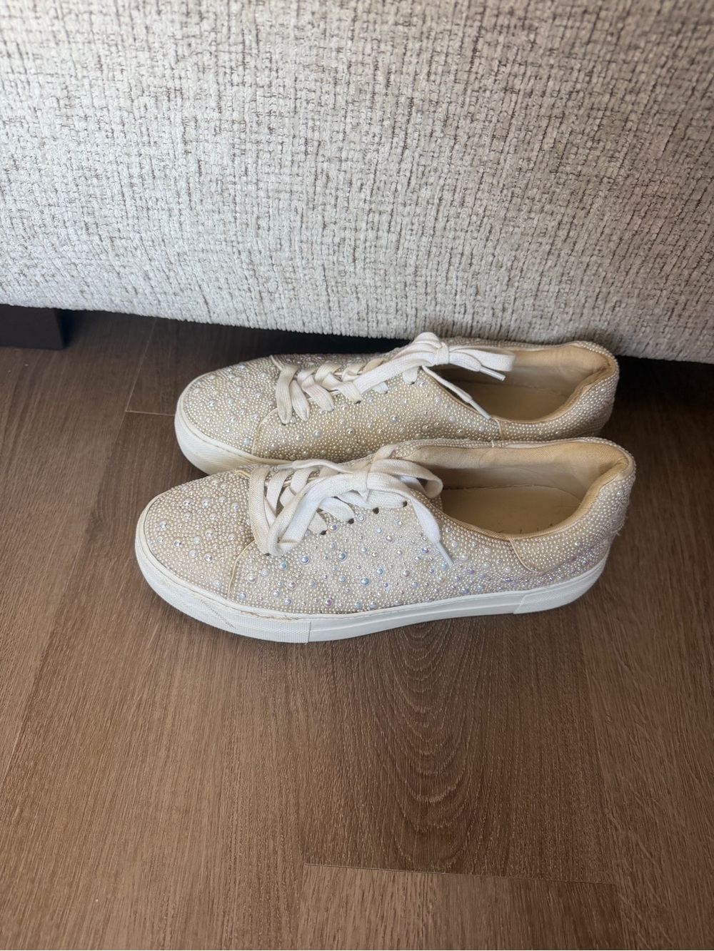 Betsey Johnson Cream Rhinestone Embellished Lace-Up Sneakers